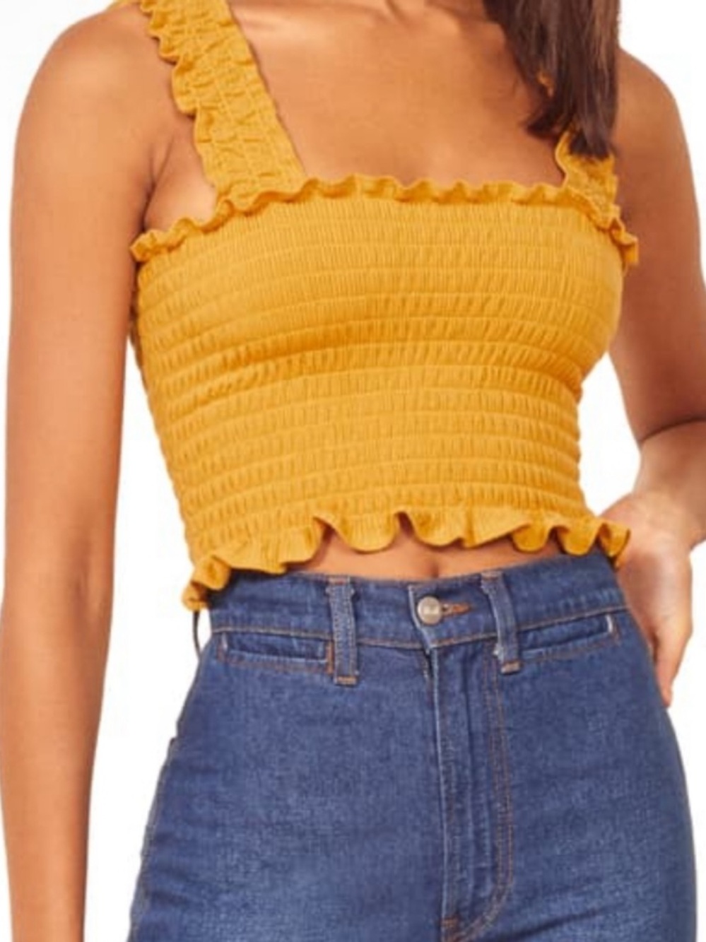 Reformation Lenore Yellow Smocked Ruffle Tank Top Size: L